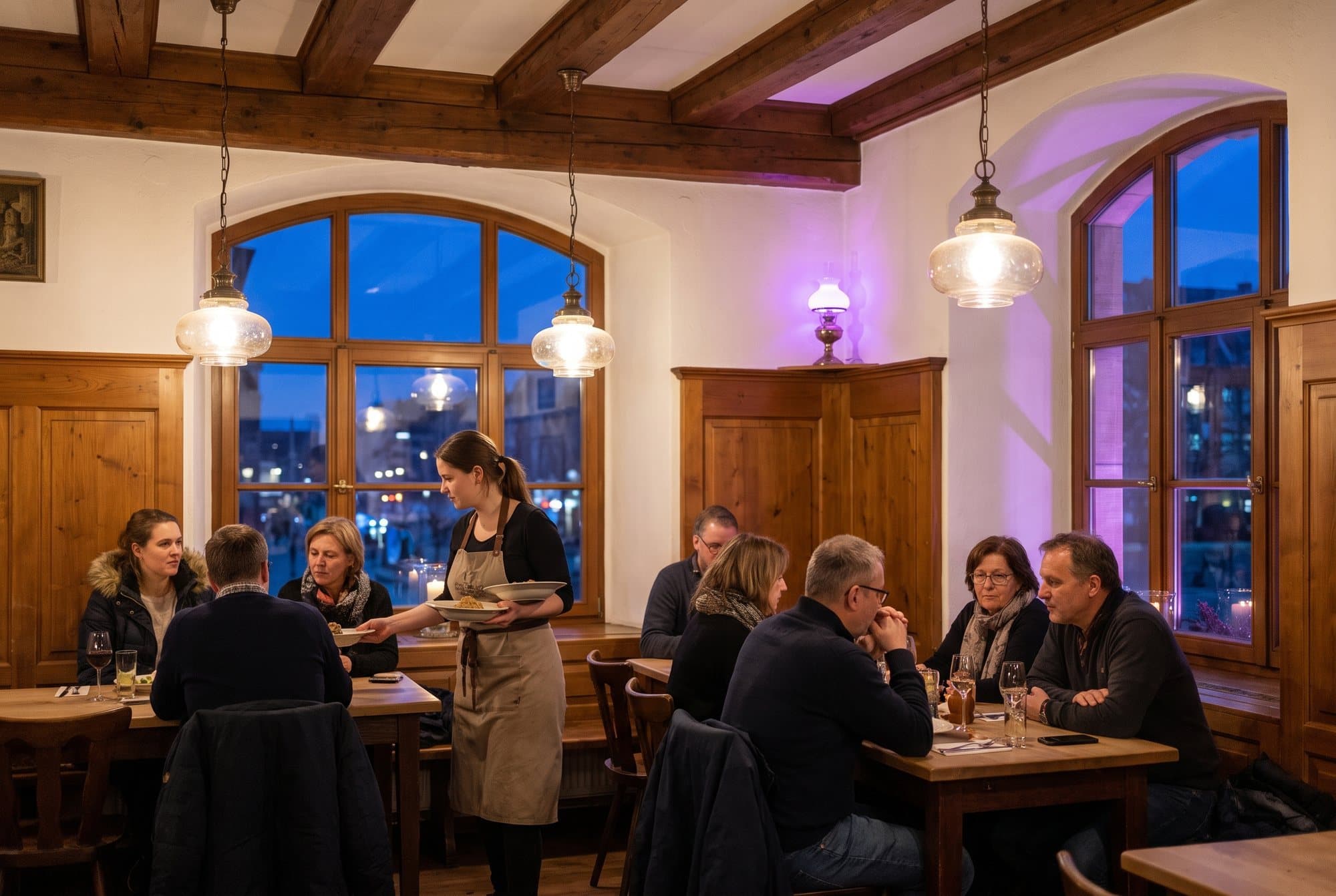 Polna restavracija ob kosilu, natakarica prinaša jedi gostom k lesenim mizam